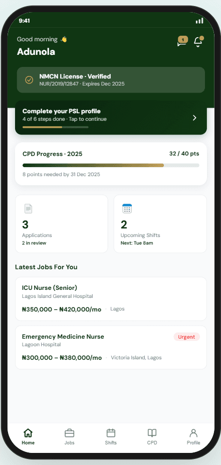 PSL professional app showing license status, CPD progress, and next shift