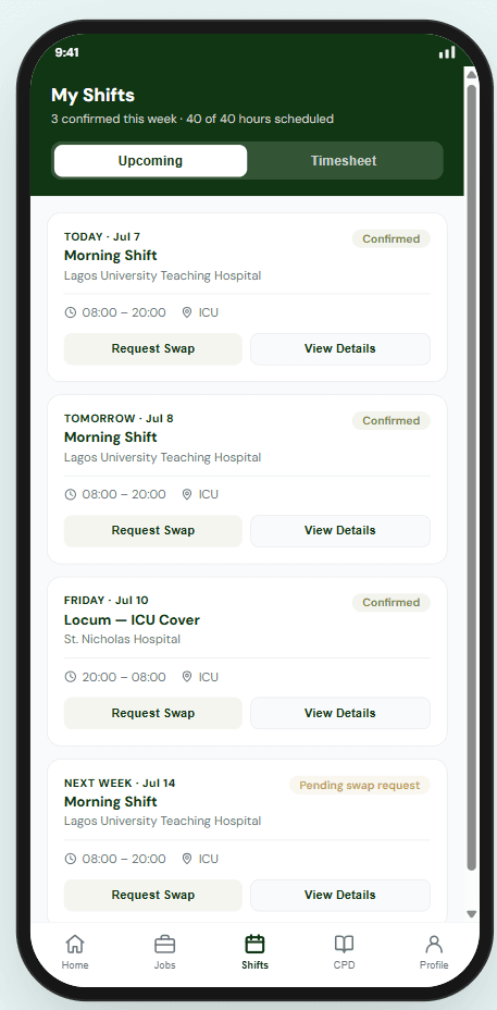 PSL mobile app showing a professional's upcoming shifts