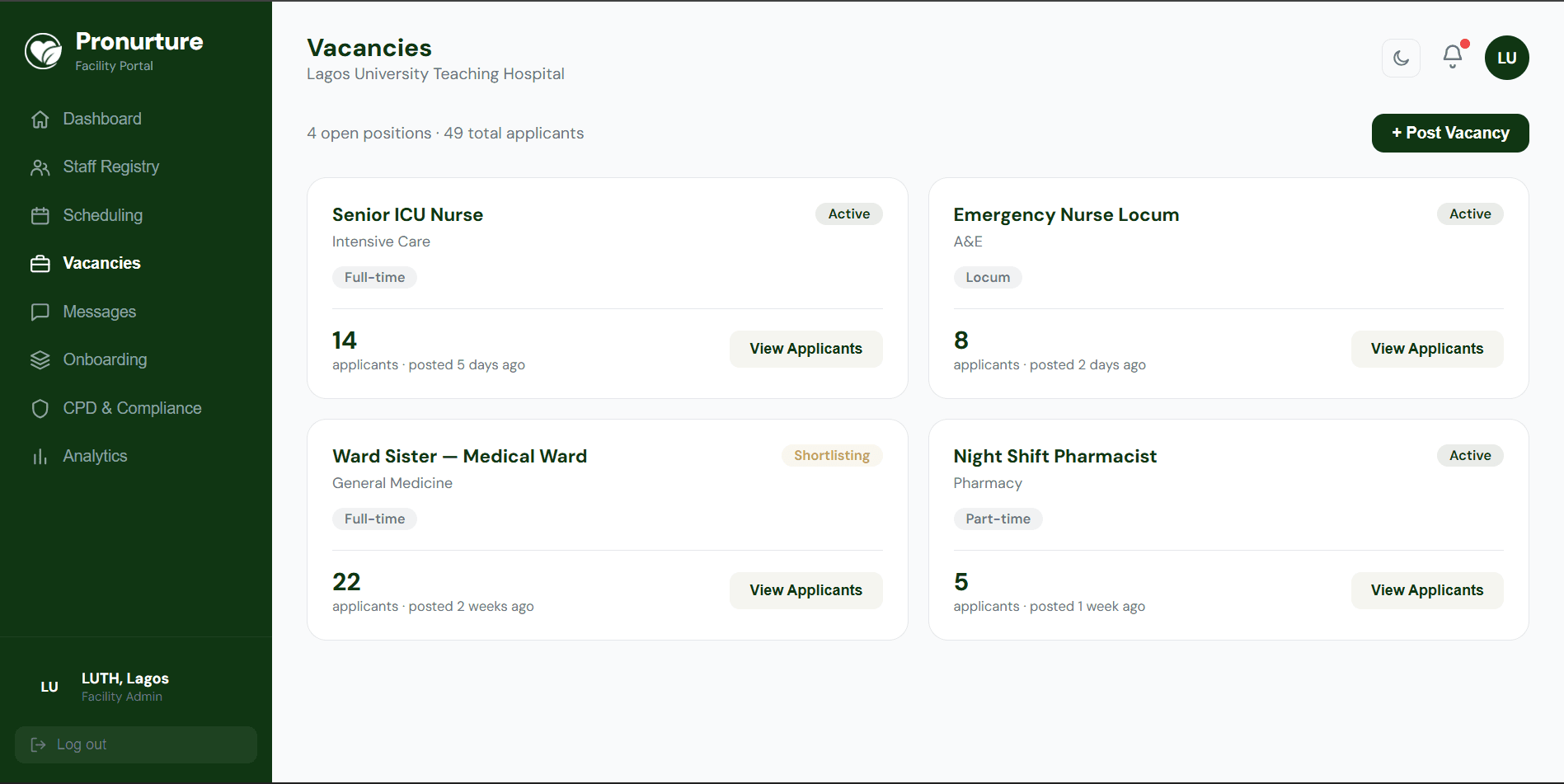 PSL recruitment view showing open vacancies and verified candidate applications